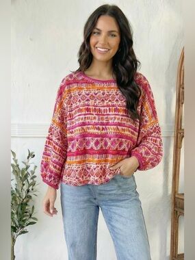 024 And The Why Fuchsia & Orange Tribal Print Bracelet Sleeve Blouse